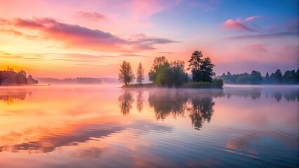 Obraz premium Soft pink hues of sunrise filter through misty veil on serene lake surface