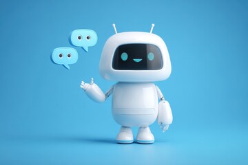 Fototapeta premium A Robot Chatbot with Speech Bubbles on Blue Background AI Communication Concept