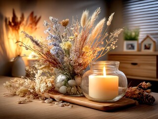Dried flower arrangement in a warm interior