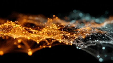 A wide shot captures digital pulses flowing through a network grid, showcasing a blend of natural lighting and colors that evoke a sense of artificial intelligence