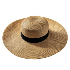 Stylish natural straw sun hat with a black band isolated on a transparent background