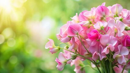 Delicate pink sweet pea flowers in a lush garden bouquet