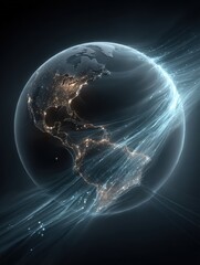 Earth globe with light trails