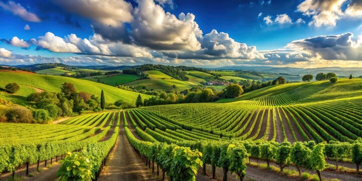 Panoramic view of lush vineyards with rolling hills and towering grapevines under a clear blue sky with fluffy white clouds