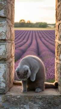 Gray British Shorthair at the Lavender Window
A chubby solid gray British Shorthair kitten sits on a stone windowsill, framed by blooming lavender and golden sunset.
