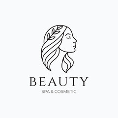 Minimalist line art beauty spa and cosmetic logo featuring a woman head silhouette with leaves
