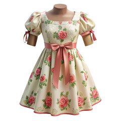 Elegant cream rose print puff sleeve dress with pink bow detail isolated on transparent background