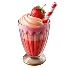 Delicious strawberry milkshake with whipped cream and fresh strawberry topping isolated on transparent background
