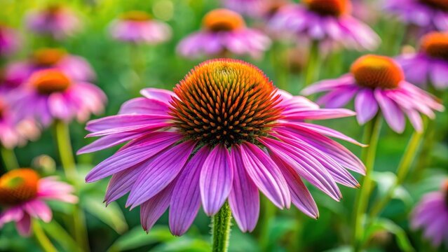 Softly blooming coneflower plant in the garden with purple petals and center details