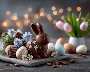 Easter chocolate bunny and eggs