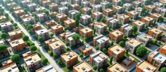 Aerial view of a densely populated urban neighborhood with modern houses.