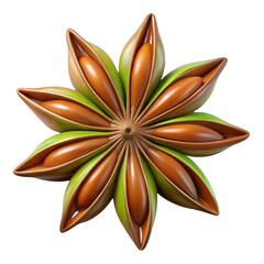 A single star anise spice with eight pointed pods containing seeds isolated on transparent background