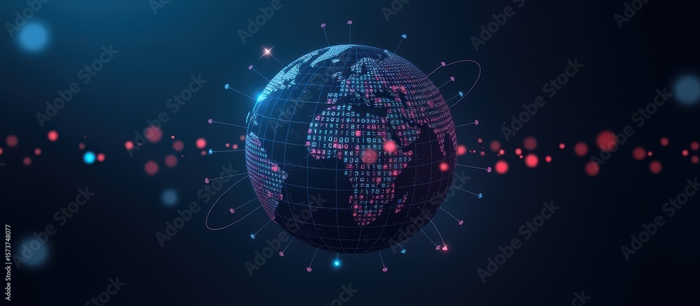 Poster digital globe surrounded by glowing particles and data connections.