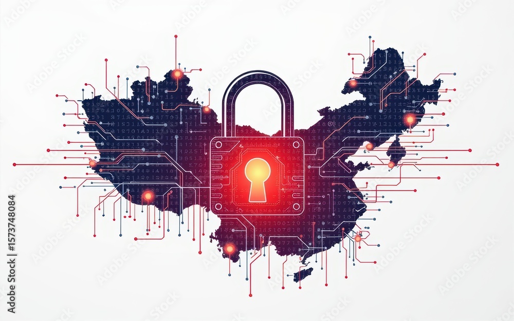 Poster digital map of china integrated with a padlock symbolizing cybersecurity.
