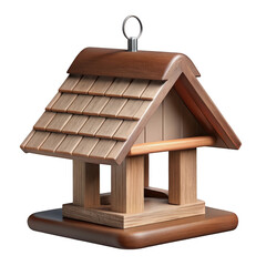 Detailed wooden bird feeder with shingled roof and perch isolated on transparent background