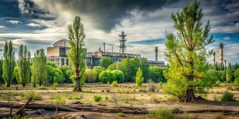 Fototapeta premium Overgrown vegetation and twisted trees in a deserted radioactive landscape within the Chernobyl Exclusion Zone