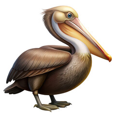 A detailed illustration of a brown pelican with a large beak isolated on transparent background