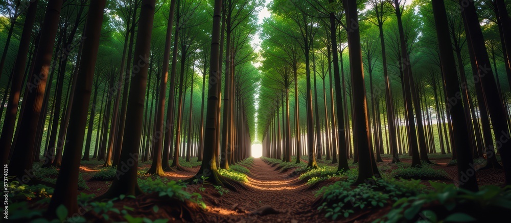 Poster dense forest with tall trees and a path leading to bright light in the distance.