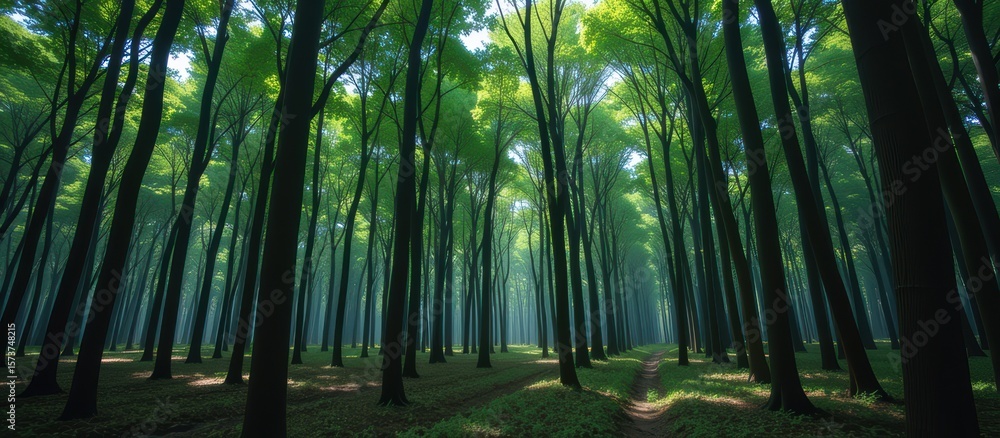 Poster lush forest with tall trees and soft sunlight filtering through the leaves.