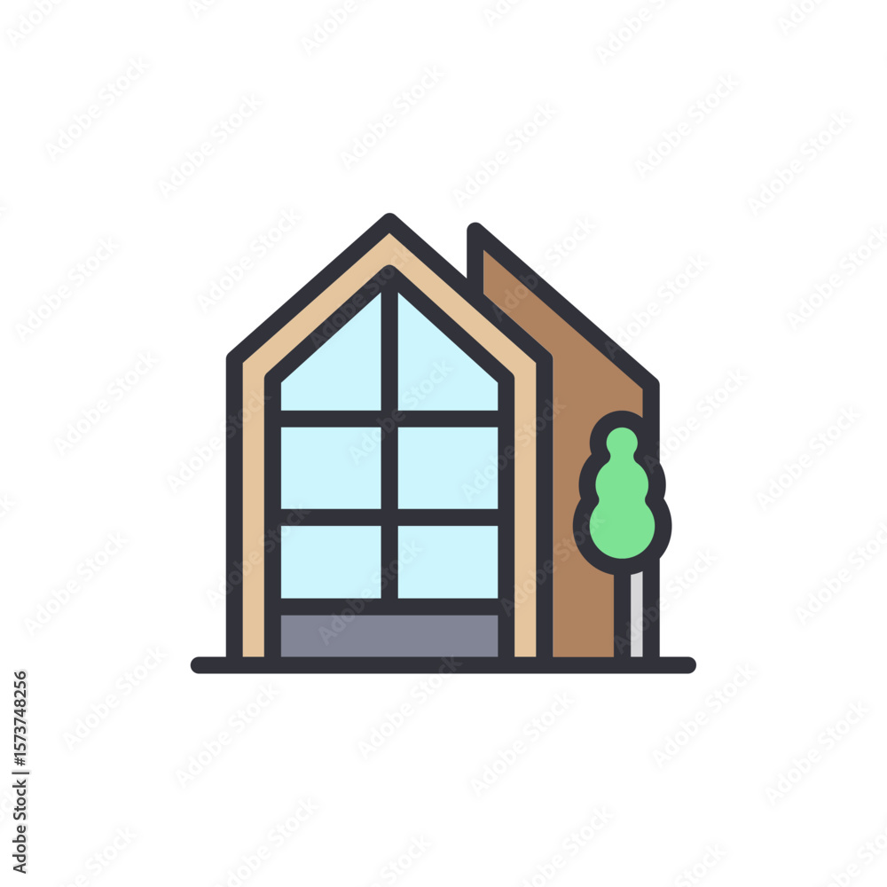Poster stylized house icon with angular roof and tree on transparent