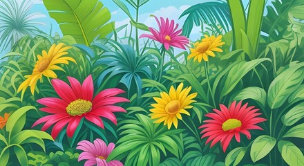 A vibrant summer garden bursts with colorful blossoms of pink daisies, yellow chrysanthemums, and purple asters, creating a beautiful floral background
