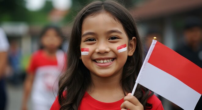 girl holding flag of indonesia. Portrait of a smiling girl holding an Indonesian flag in her hand and a picture of the Indonesian flag on her cheek. Celebrating Indonesia's Independence Day. 