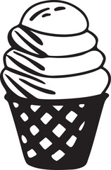 Swirled Ice Cream Cone Sketch with Waffle Texture Representing Summer Sweetness in Monochrome Minimalist Style.