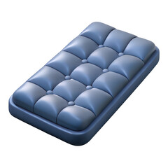Plush blue tufted mattress with rounded edges isolated on transparent background