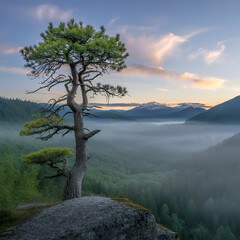 "Lone Pine Tree Overlooking Misty Mountain Valley at Sunrise"



