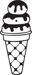Double Scoop Ice Cream Cone with Chocolate Drizzle in Crisp Waffle Sketch Design, Black and White Style.