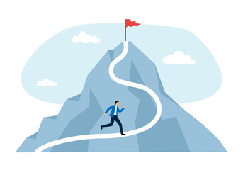 Businessman running up to the red flag on mountain, Career, challenge, trouble, obstacles, path to the goal, business concept growth to success, reach the target.