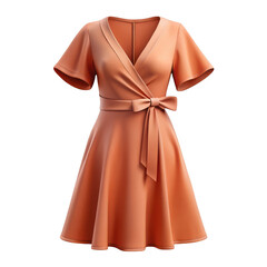 Elegant peach wrap dress with flutter sleeves and bow detail isolated on transparent background
