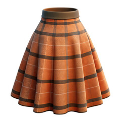 A stylish orange plaid flared skirt with a brown waistband isolated on transparent background