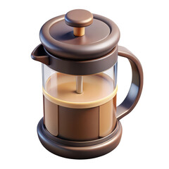 Stylized 3d illustration of a french press coffee maker with rich brown tones isolated on transparent background