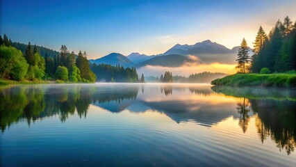 A serene lake at dawn with a subtle ripple on the water surface