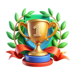 Golden first place trophy with laurel wreath and red ribbon isolated on transparent background