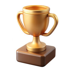 Golden trophy award cup with handles on a brown base isolated on transparent background