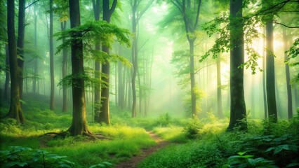 Fototapeta premium Ombre effect with soft pastel green hues on a misty forest floor