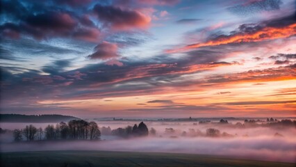 Obraz premium Dark grey clouds cover the sky with a subtle hint of pinkish hue at dawn