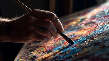 A close-up of a male artist's hand painting vibrant colors on a textured canvas.