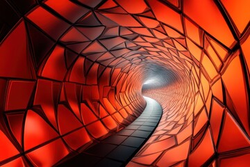 Futuristic Red Triangle Tunnel with Light Infused Geometry. Abstract Background