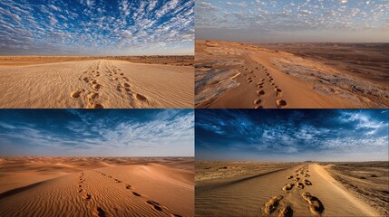 Footprints traverse sand dunes under varied sky conditions in a desert