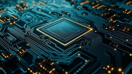 Fototapeta premium close-up of a circuit board featuring a clear square wave signal running through illuminated traces, highlighting the flow of data or power within electronic components. The focus is on the 
