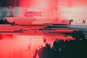 Glitch Style Red Waveform with Horizontal Noise Bars. Abstract Background