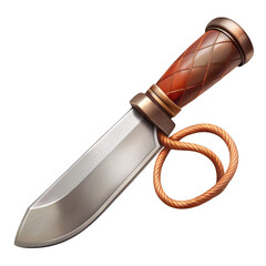 Detailed illustration of a hunting knife with a brown textured handle and rope lanyard isolated on transparent background