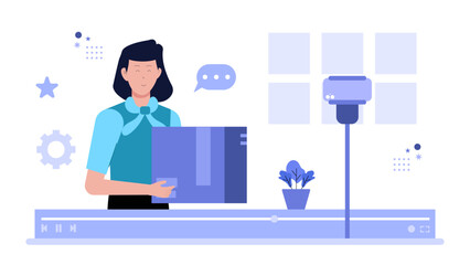 Salesperson demonstrating product in livestream, flat vector illustration