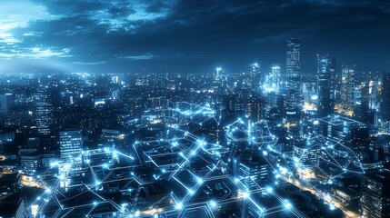 futuristic cityscape at night, where building lights pulse in patterns reminiscent of square waves, symbolizing urban energy, digital infrastructure, and a connected environment. Long exposure 