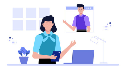 CEO hosting remote fireside chat with employees, flat vector illustration