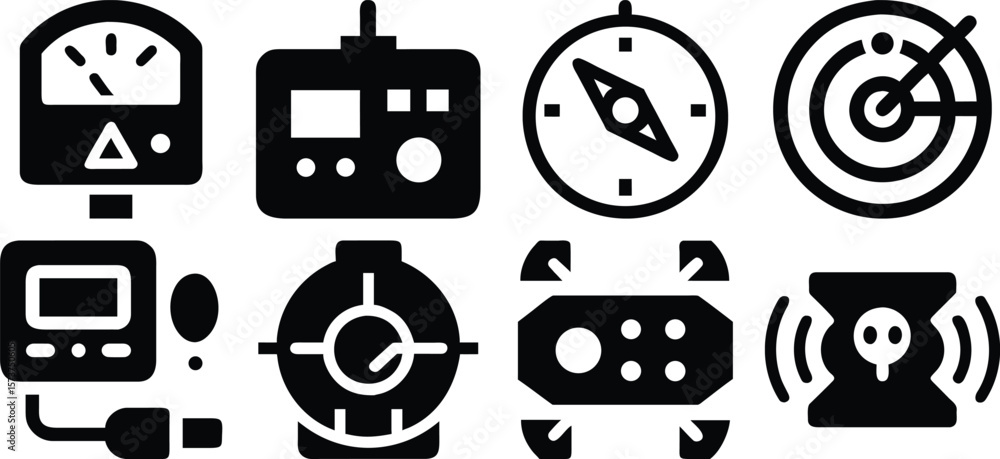 Poster vector art of a collection of various measurement and detection devices including gauges, compass, a