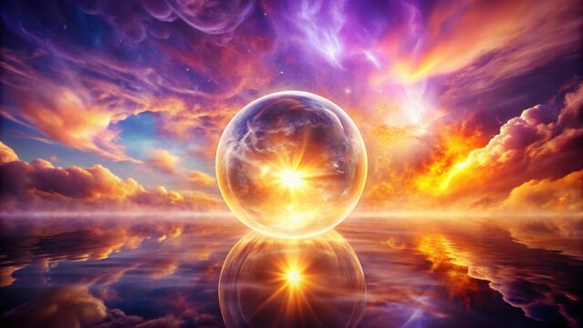A radiant aura surrounds a luminous sphere as it bursts into existence amidst swirling clouds of purple and orange hues